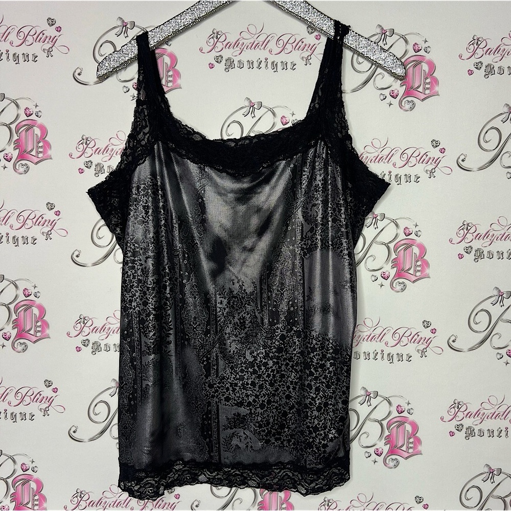 Lace metallic tank top holographic Lacey pattern grey black lace trim straps y2k